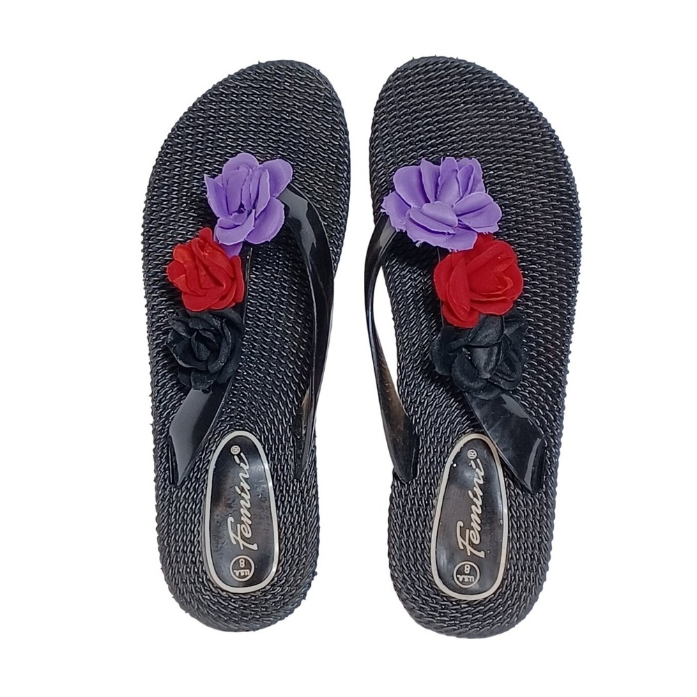 Femini Black Floral Platform Flip Flops Wedge Sandals Roses Womens Size 7 AJ-B09